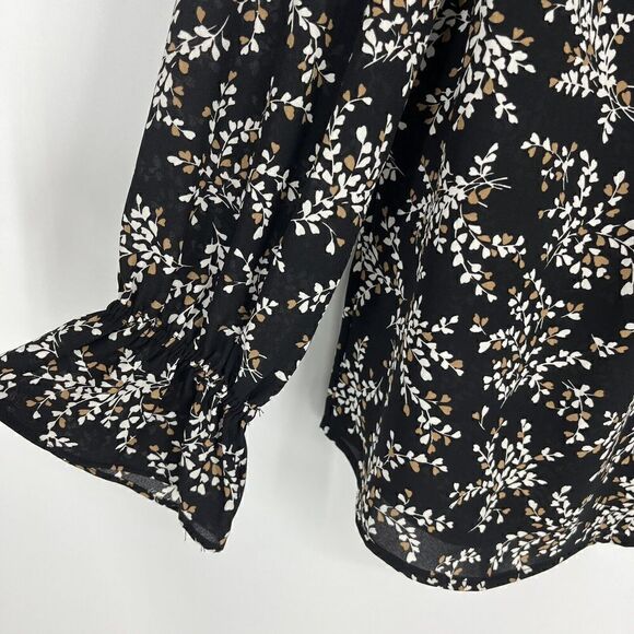 Talbots Top Size Small Black Brown Floral Chiffon Ruffle Bell Sleeve Blouse - Picture 3 of 7